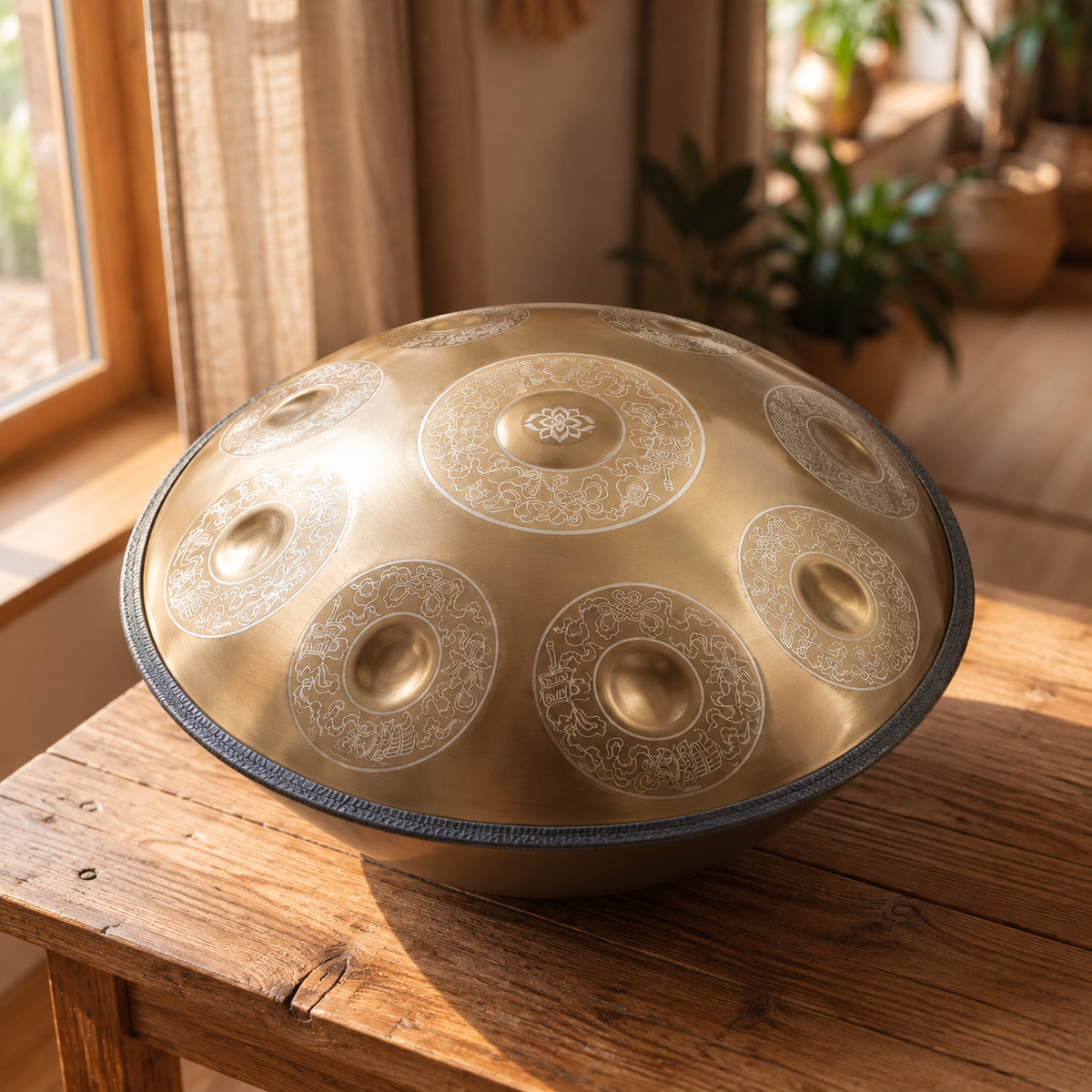 Gravierter Handpan Ambre in Champagnergold auf einem Holztisch