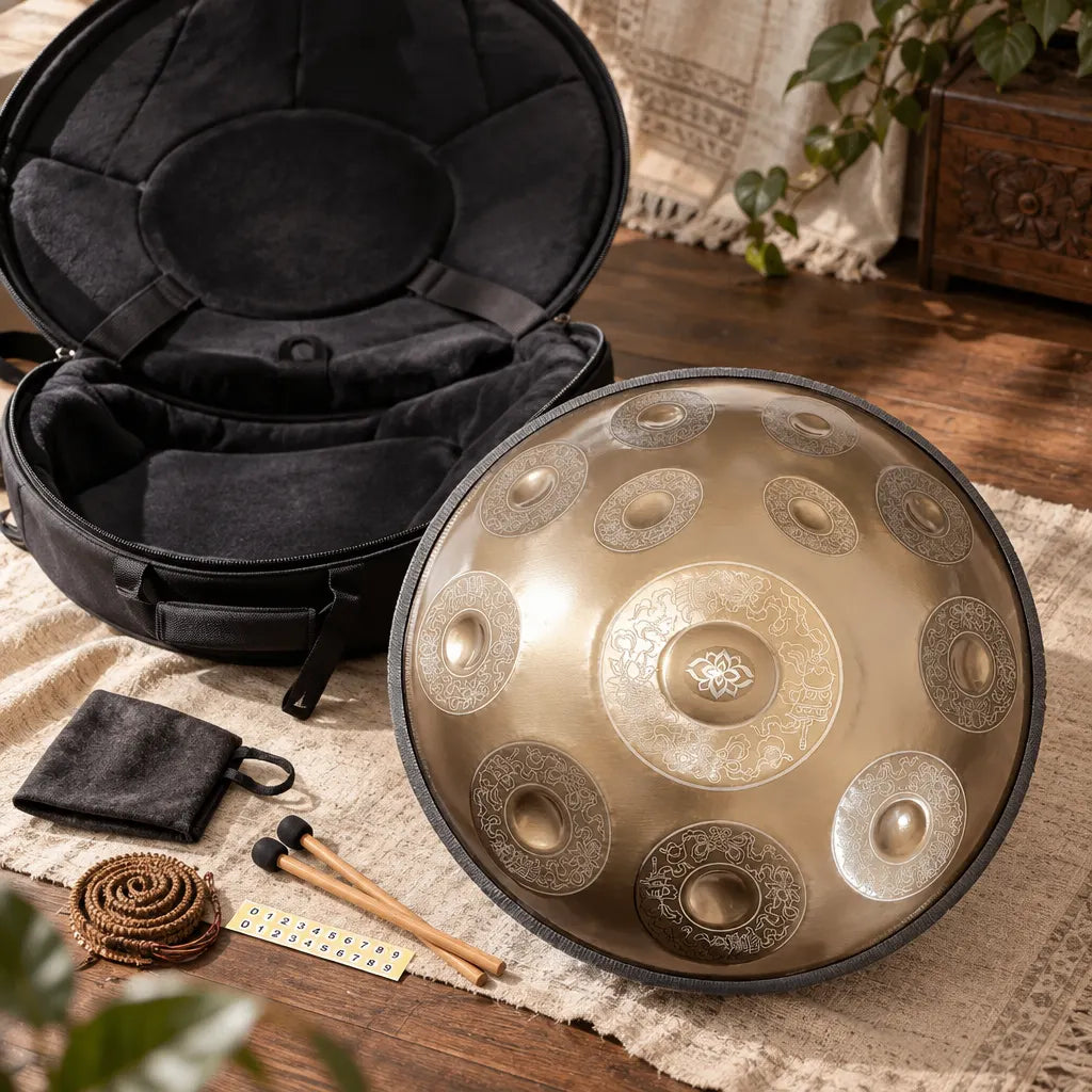 Graviertes Handpan Ambre mit Tasche, Schlägeln und Zubehör