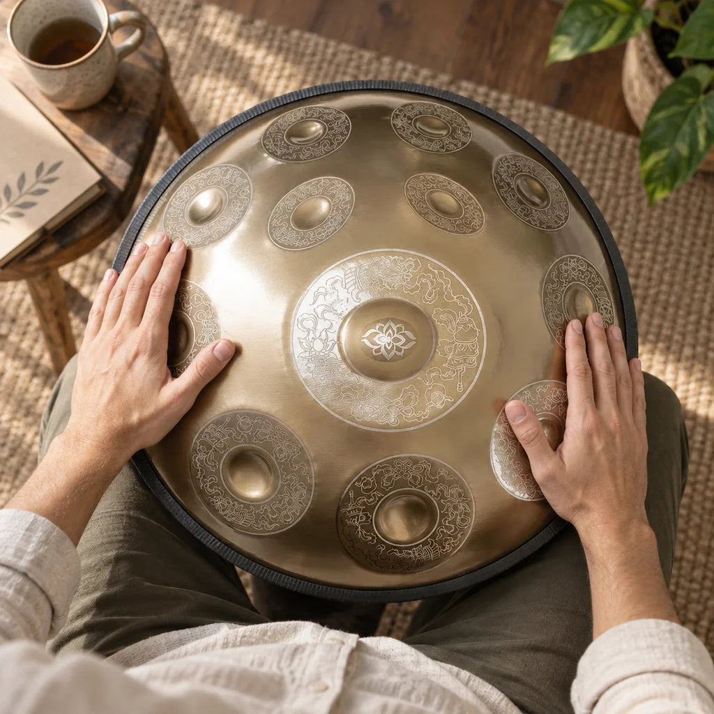 Handpan Ambre von oben, die Hände auf den gravierten Tonfeldern