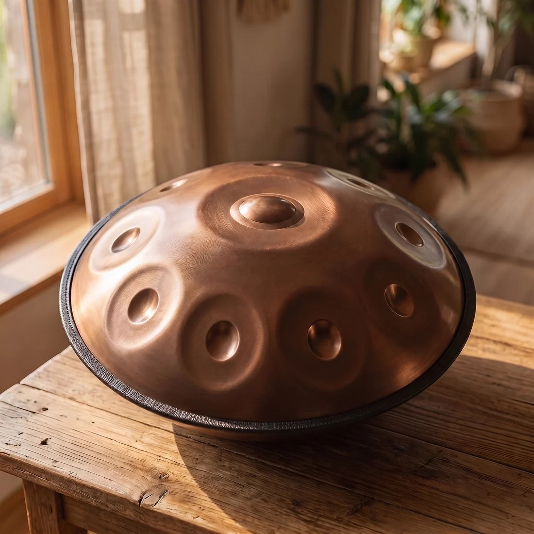 Handpan Dune auf einem Holztisch am Fenster