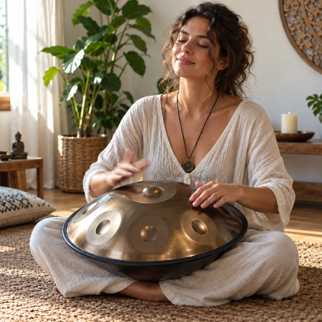Frau spielt das Handpan Dune im Schneidersitz in einem hellen Wohnzimmer