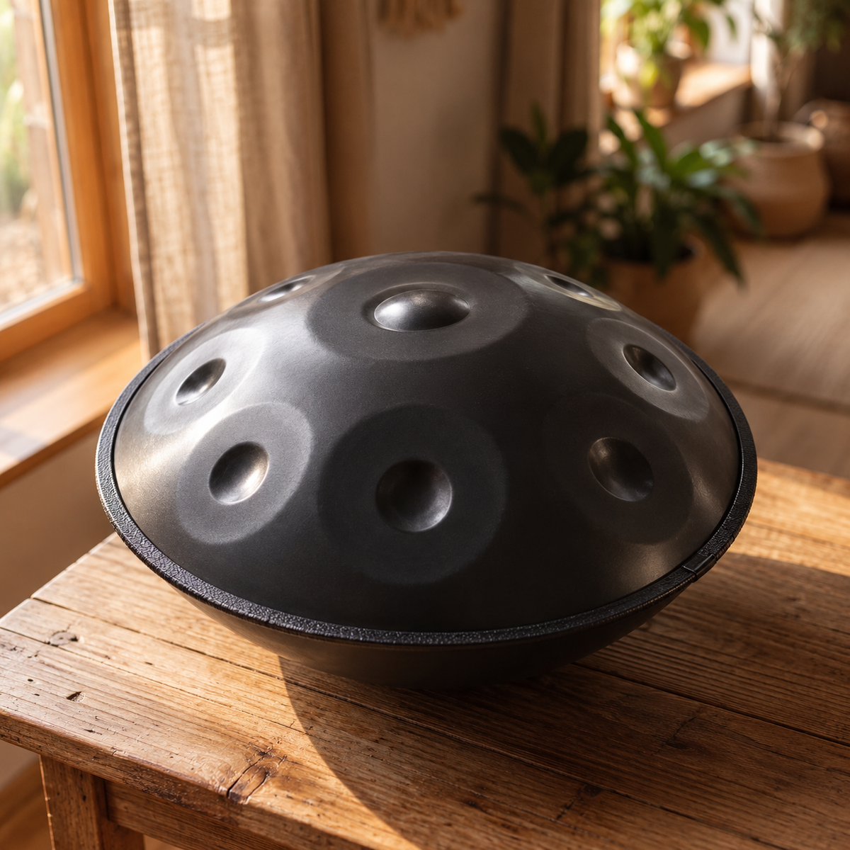Handpan Nuit in Schwarz auf einem Holztisch am Fenster