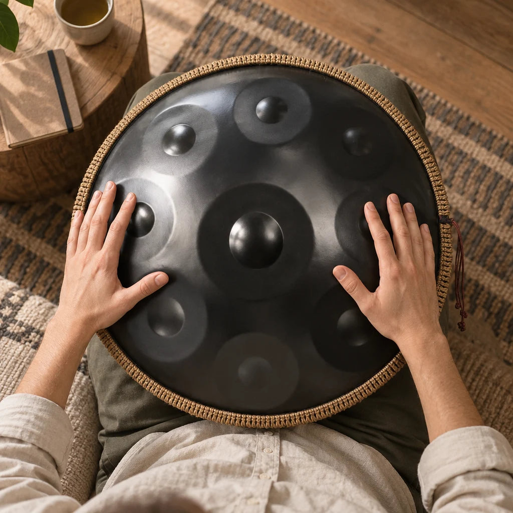 Schwarzes Handpan Nuit von oben, die Hände auf den Tonfeldern