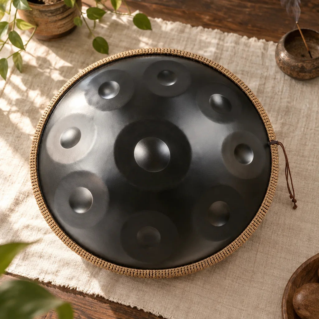 Schwarzes Handpan Nuit mit geflochtenem Schutzband auf einem Tisch