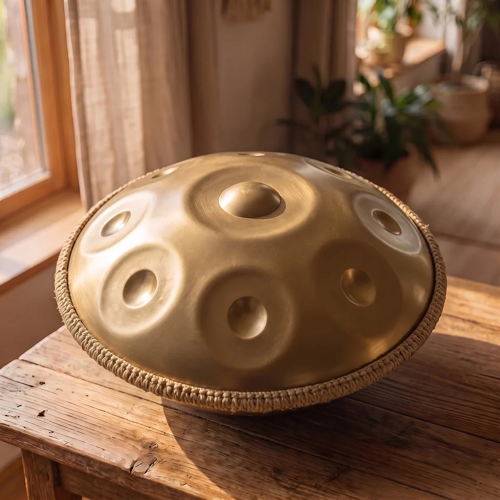 Handpan Sable in Gold mit geflochtenem Rand auf einem Holztisch