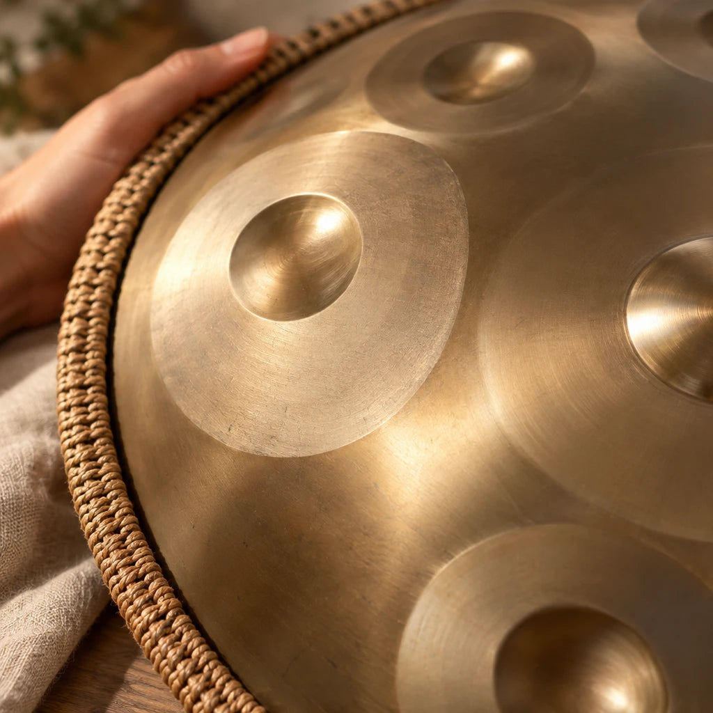 Nahaufnahme der Tonfelder und des geflochtenen Rands des Handpans Sable