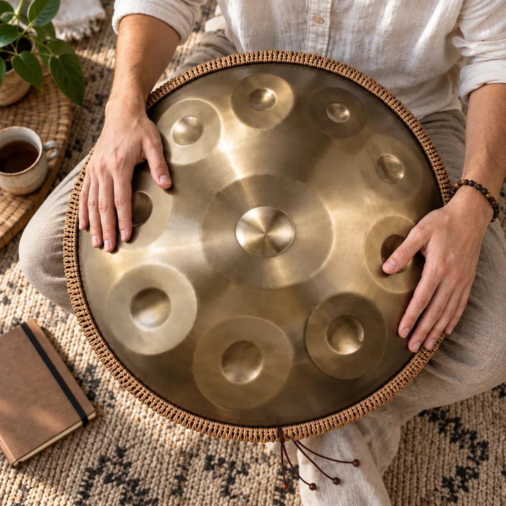 Handpan Sable von oben, die Hände auf den Tonfeldern
