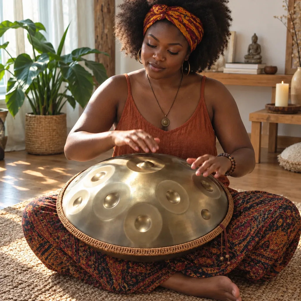 Frau spielt das goldene Handpan Sable mit geflochtenem Rand im Schneidersitz