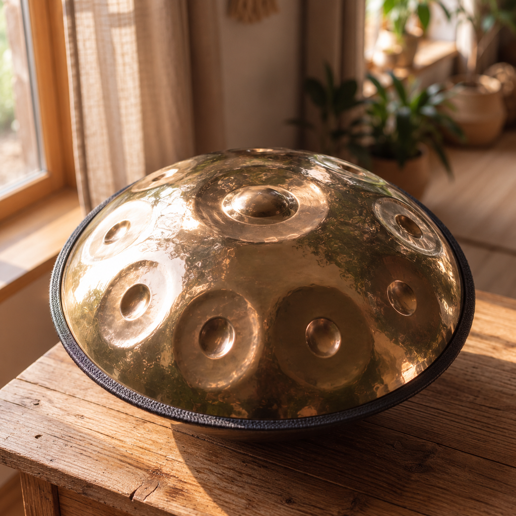 Handpan Soleil poli miroir, posé sur une table en bois au soleil