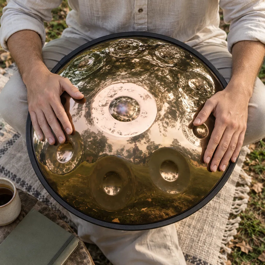 Hochglanzpoliertes Handpan Soleil von oben im Freien, die Hände auf den Tonfeldern