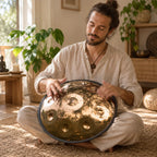 Homme jouant du handpan Soleil poli miroir, assis en tailleur