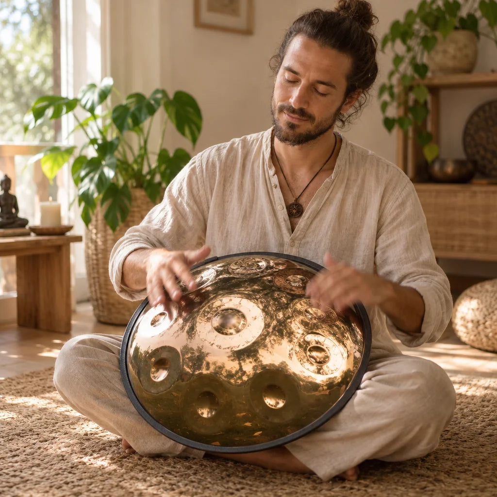 Mann spielt das hochglanzpolierte Handpan Soleil im Schneidersitz