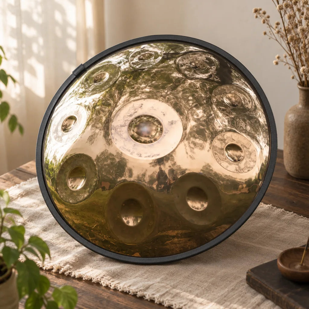 Hochglanzpoliertes Handpan Soleil aufrecht auf einem Tisch