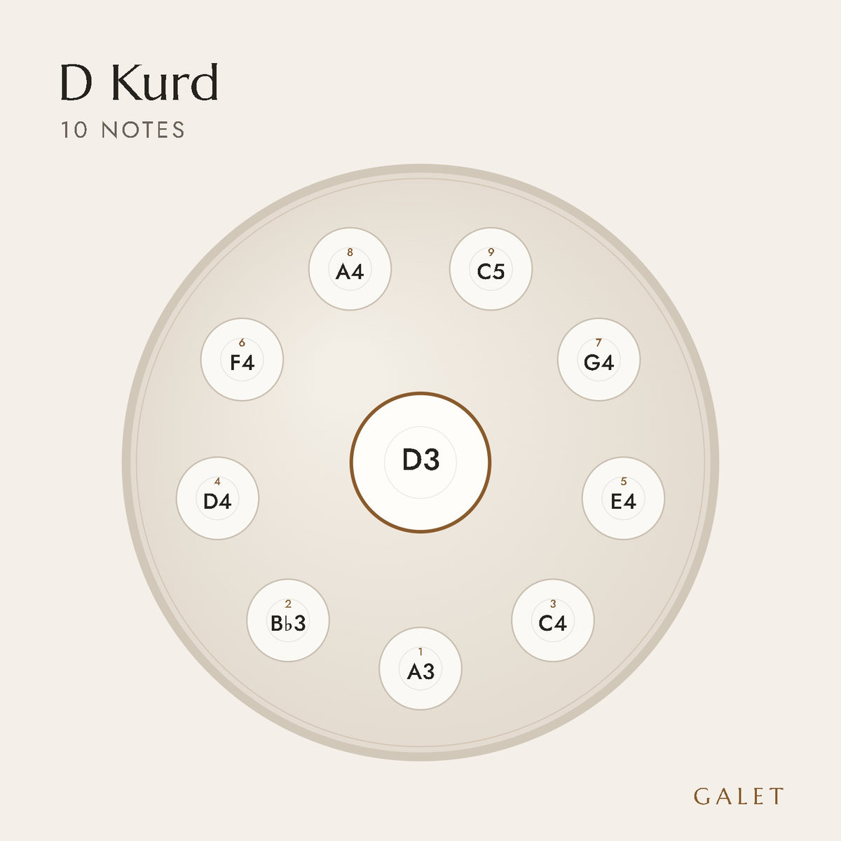 Anordnung der 10 Töne des Handpans in D Kurd