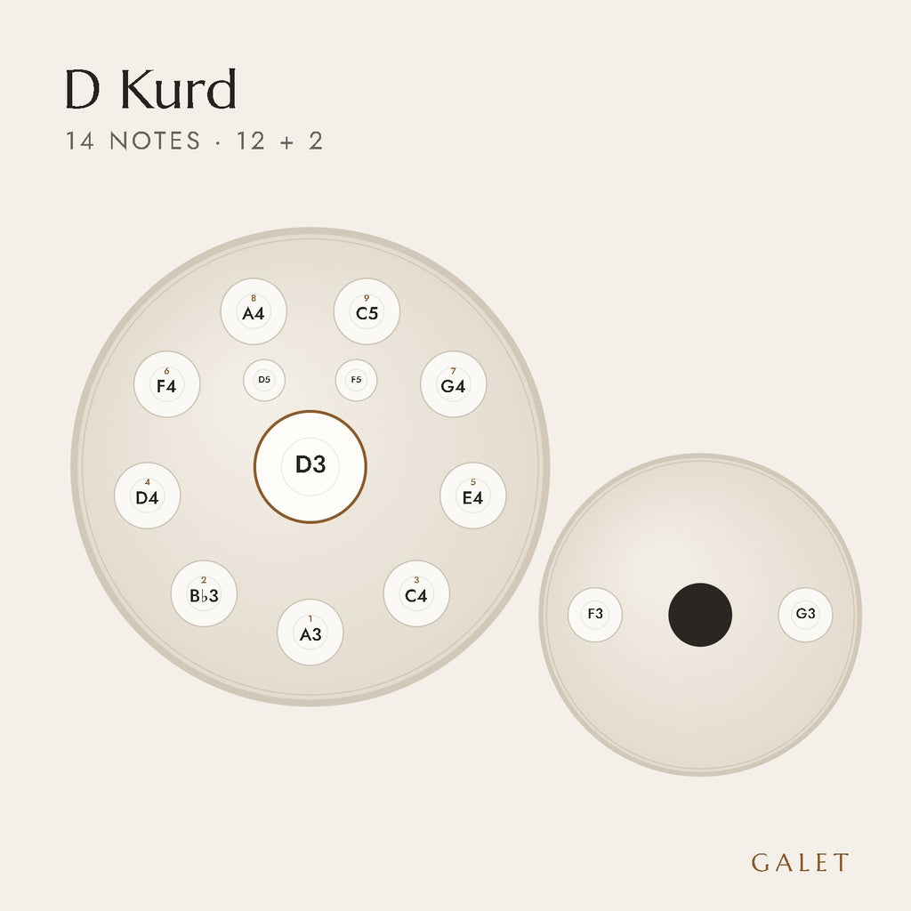 Anordnung der 14 Töne des Handpans in D Kurd