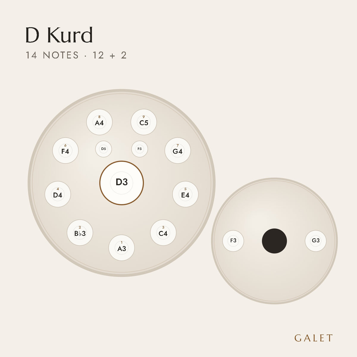 Anordnung der 14 Töne des Handpans in D Kurd