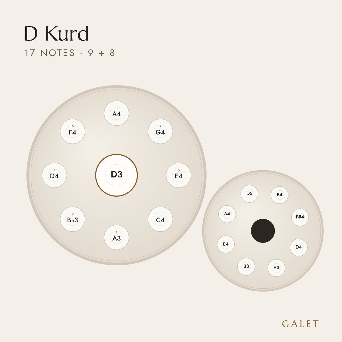 Anordnung der 17 Töne des Handpans in D Kurd (beidseitig)