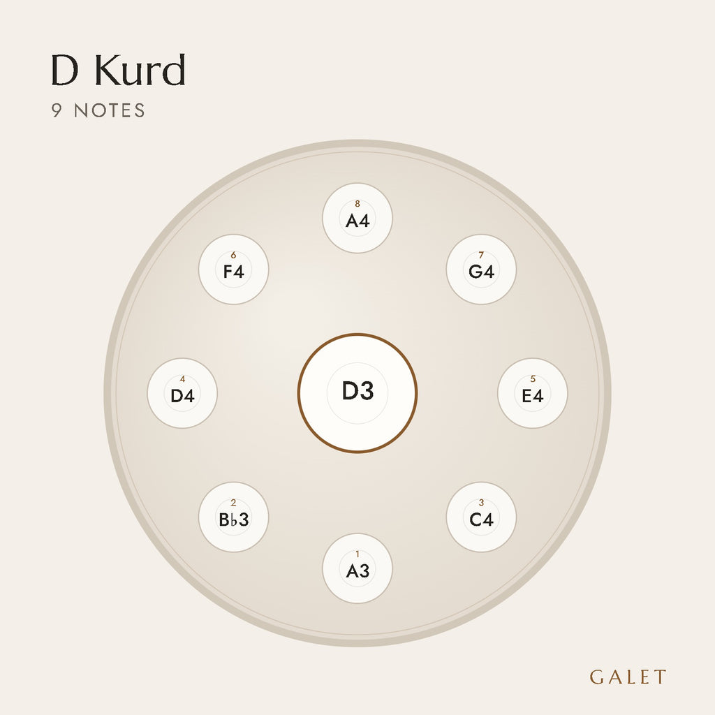Anordnung der 9 Töne des Handpans in D Kurd